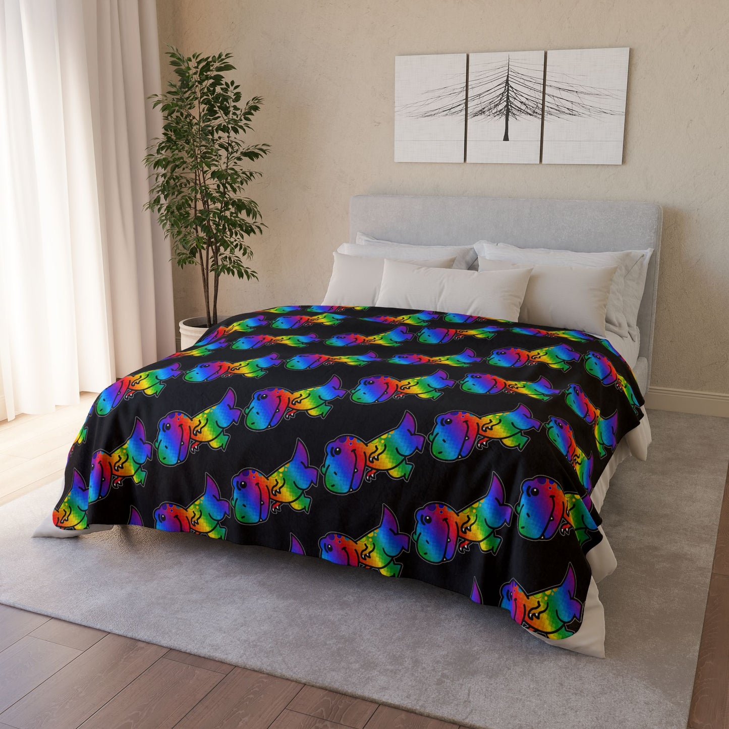 Rainbow Roxy Rex Sherpa Blanket — Cozy Fleece Throw for Kids & Dino Lovers