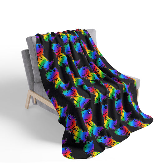 Rainbow Roxy Rex Sherpa Blanket — Cozy Fleece Throw for Kids & Dino Lovers