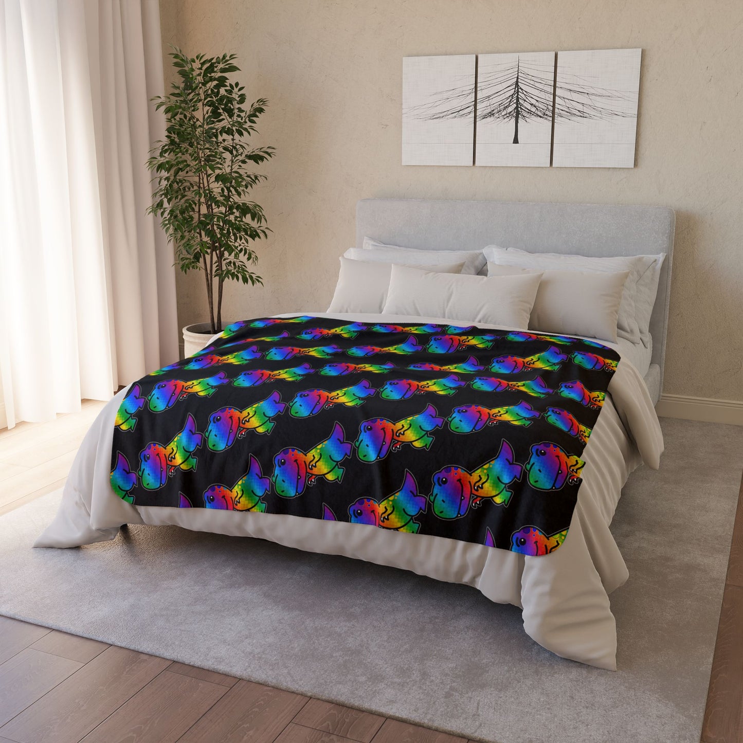 Rainbow Roxy Rex Sherpa Blanket — Cozy Fleece Throw for Kids & Dino Lovers