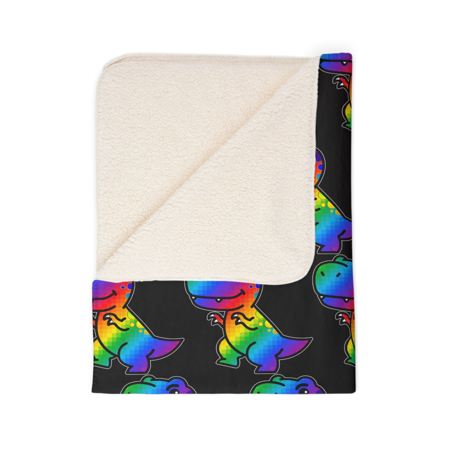Rainbow Roxy Rex Sherpa Blanket — Cozy Fleece Throw for Kids & Dino Lovers