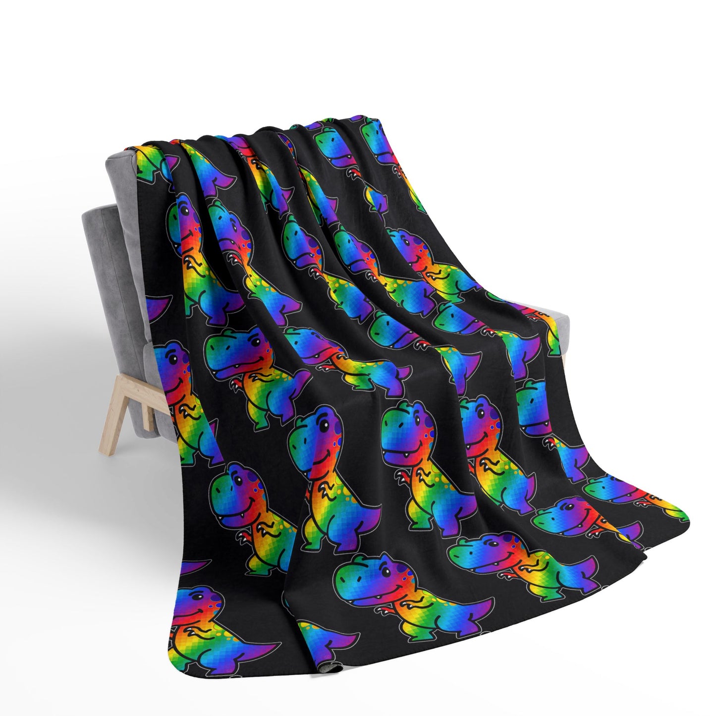 Rainbow Roxy Rex Sherpa Blanket — Cozy Fleece Throw for Kids & Dino Lovers