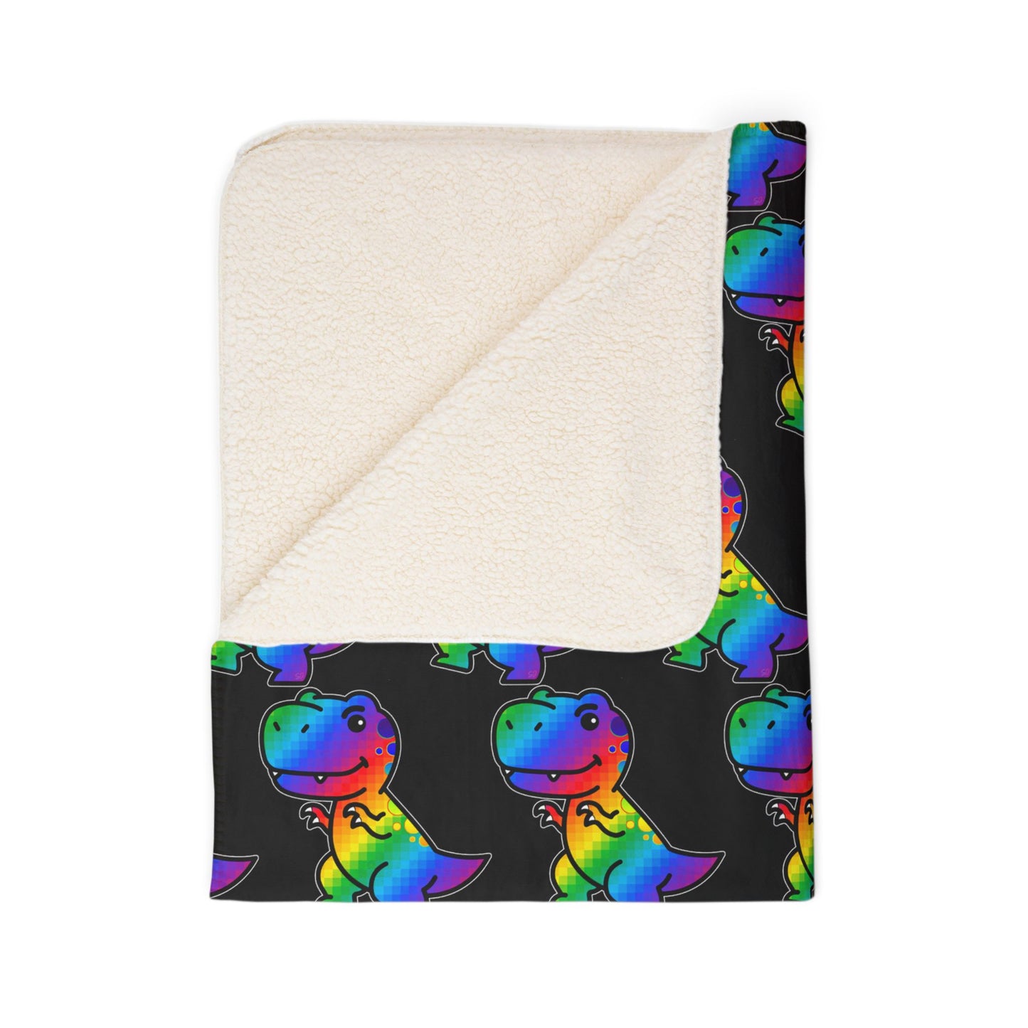 Rainbow Roxy Rex Sherpa Blanket — Cozy Fleece Throw for Kids & Dino Lovers